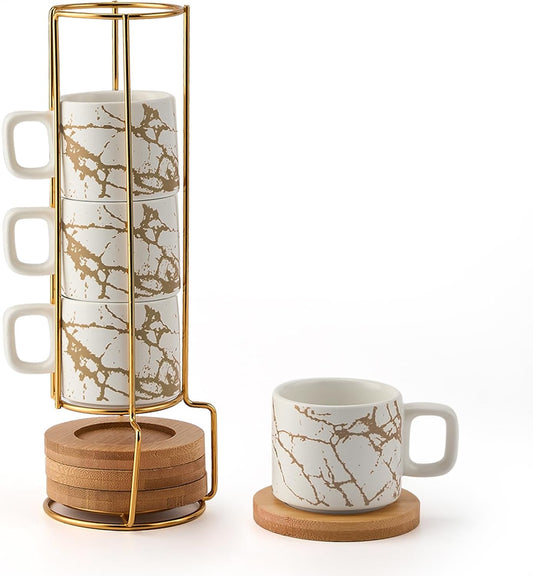 LUKA Porcelain Espresso Cup with Saucer and Metal Stand, 4 Ounce Stackable Ceramic Demitasse Espresso Mugs Cups Set for Latte,Coffee,Cafe Mocha,Tea(Set of 4),Marbling White