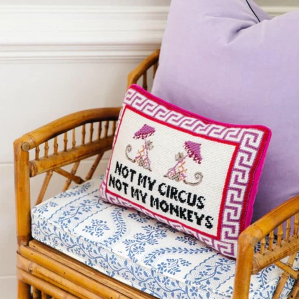 FURBISH Needlepoint Decorative Throw Pillow - Not My Circus Not My Monkeys, Small Embroidered Accent Pillow for Bed, Chair, Couch, Sofa, Eclectic Home Decor, 10" x 14"