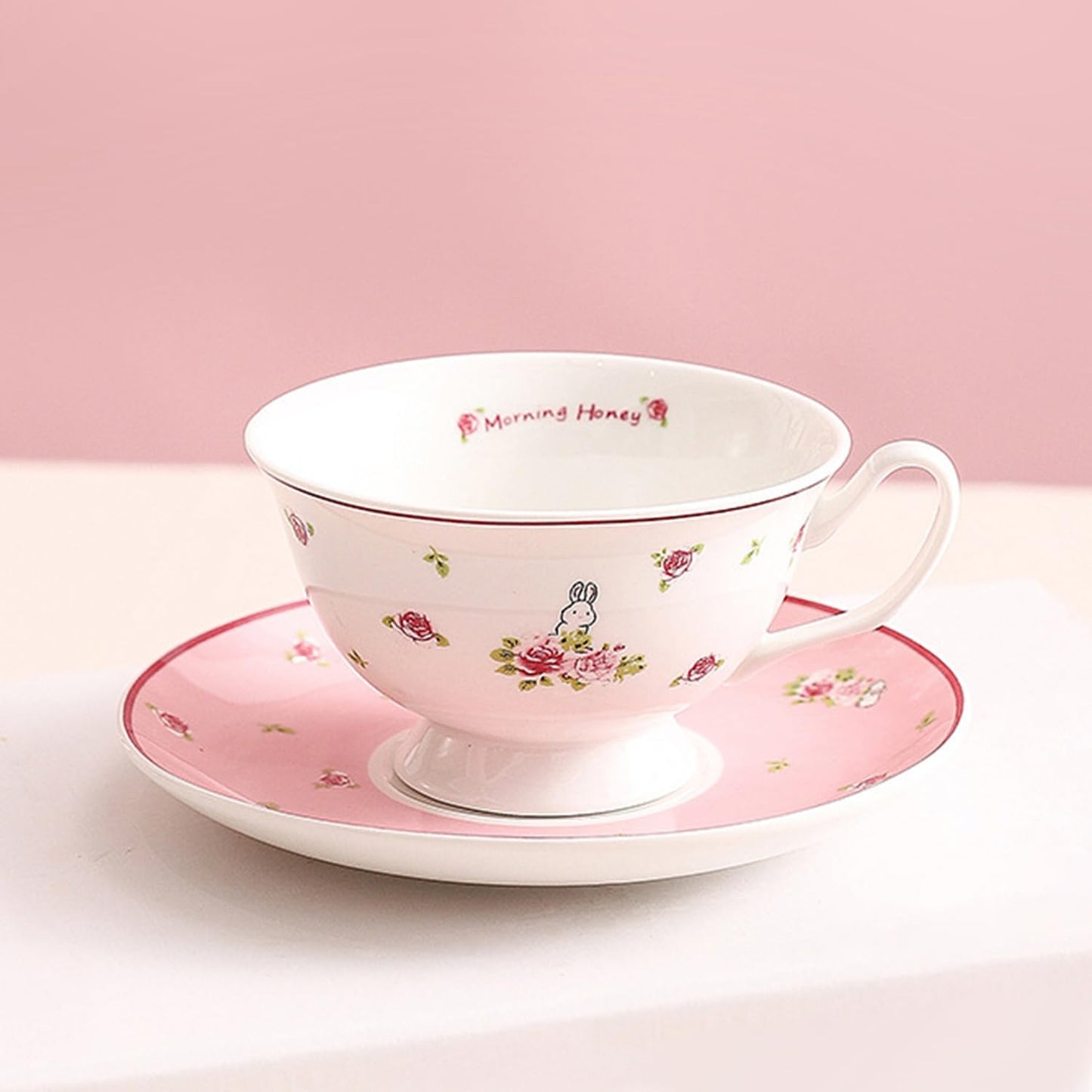 fanquare Cute Ceramic Cups with Pink Saucer, 6oz Rose Rabbit Coffee Mug, Single Elegant Tea Cup Set for Women Gift