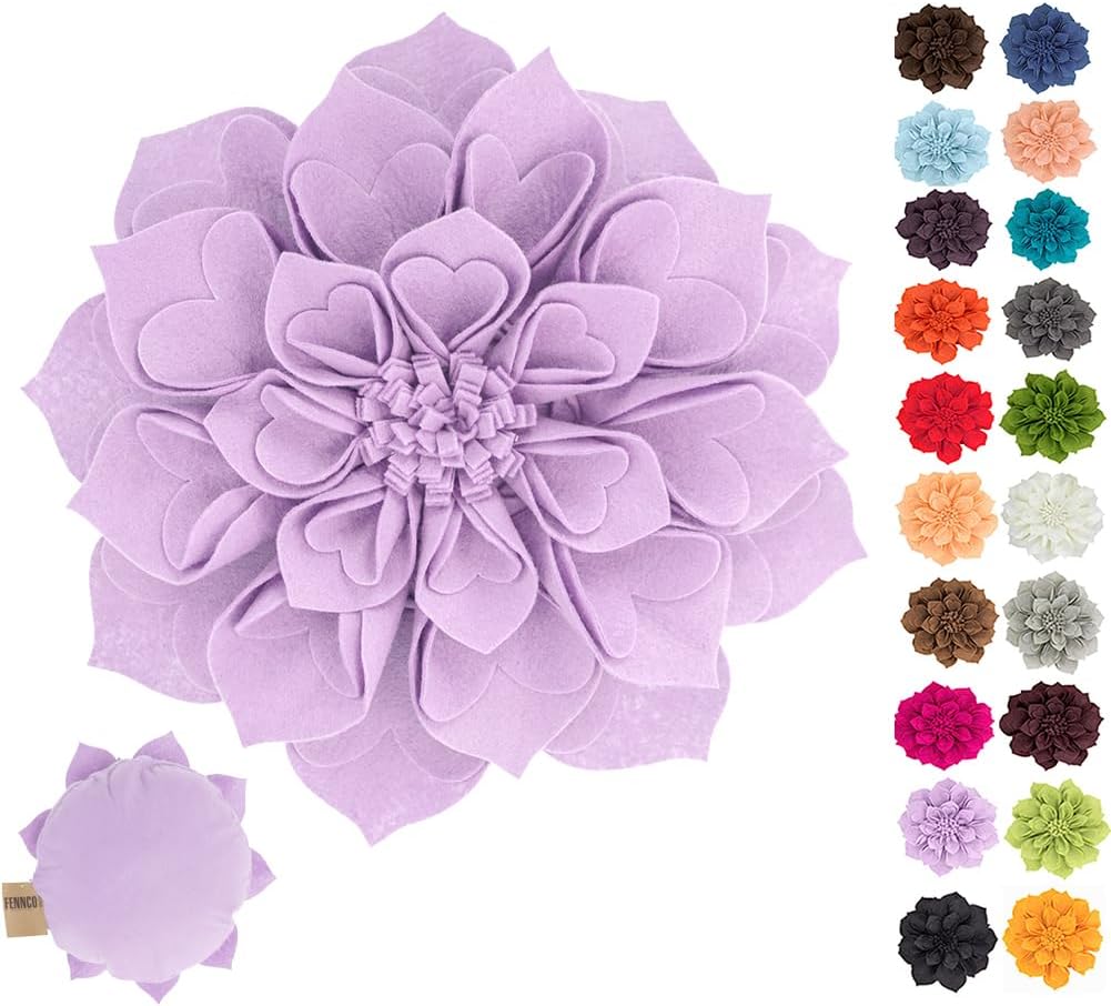 Fennco Styles Handmade 3D Heart-Shaped Petals Flower Decorative Throw Pillow Cover Only - 13" Round Lilac Floral Pillow Case for Couch, Home Décor and Holiday, Housewarming Gift