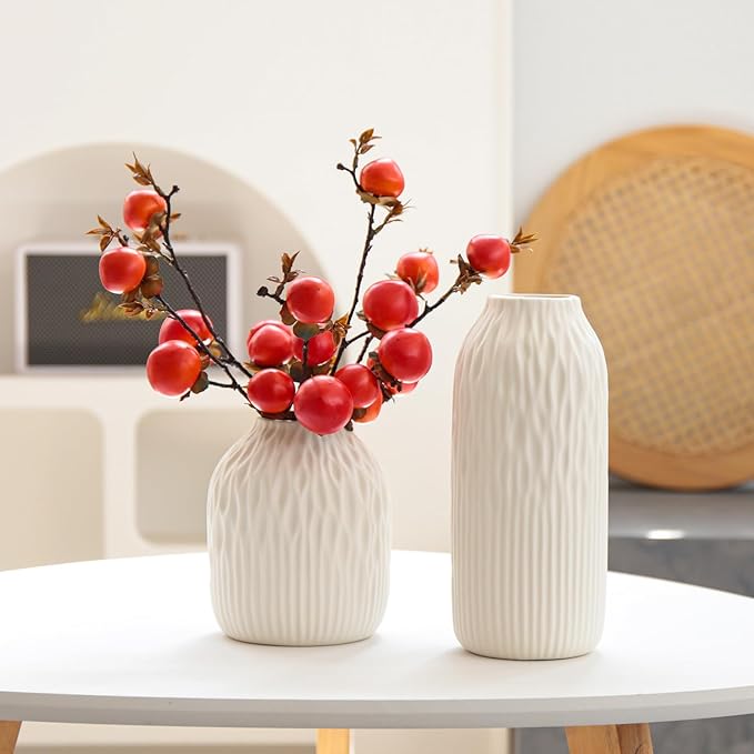 White Ceramic Flower Vase Set of 2, Porcelain Cylindrical Dried Flowers Holder, Decorating for Drawing Room/Table/Study/Office Entryway, Modern Simple Boho Style (White)