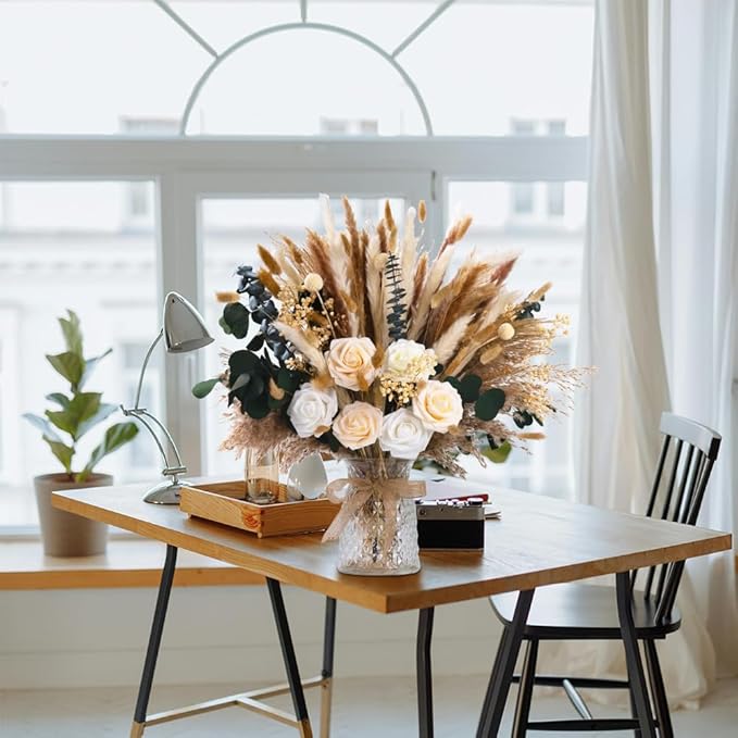 101pcs Natural Dried Pampas Grass Decor with Vase Artificial Flowers in Vase Boho Home Decor Bouquet Bunny Tails Dried Flowers, Reed Grass Bouquet for Wedding Floral Arrangements (101pcs)