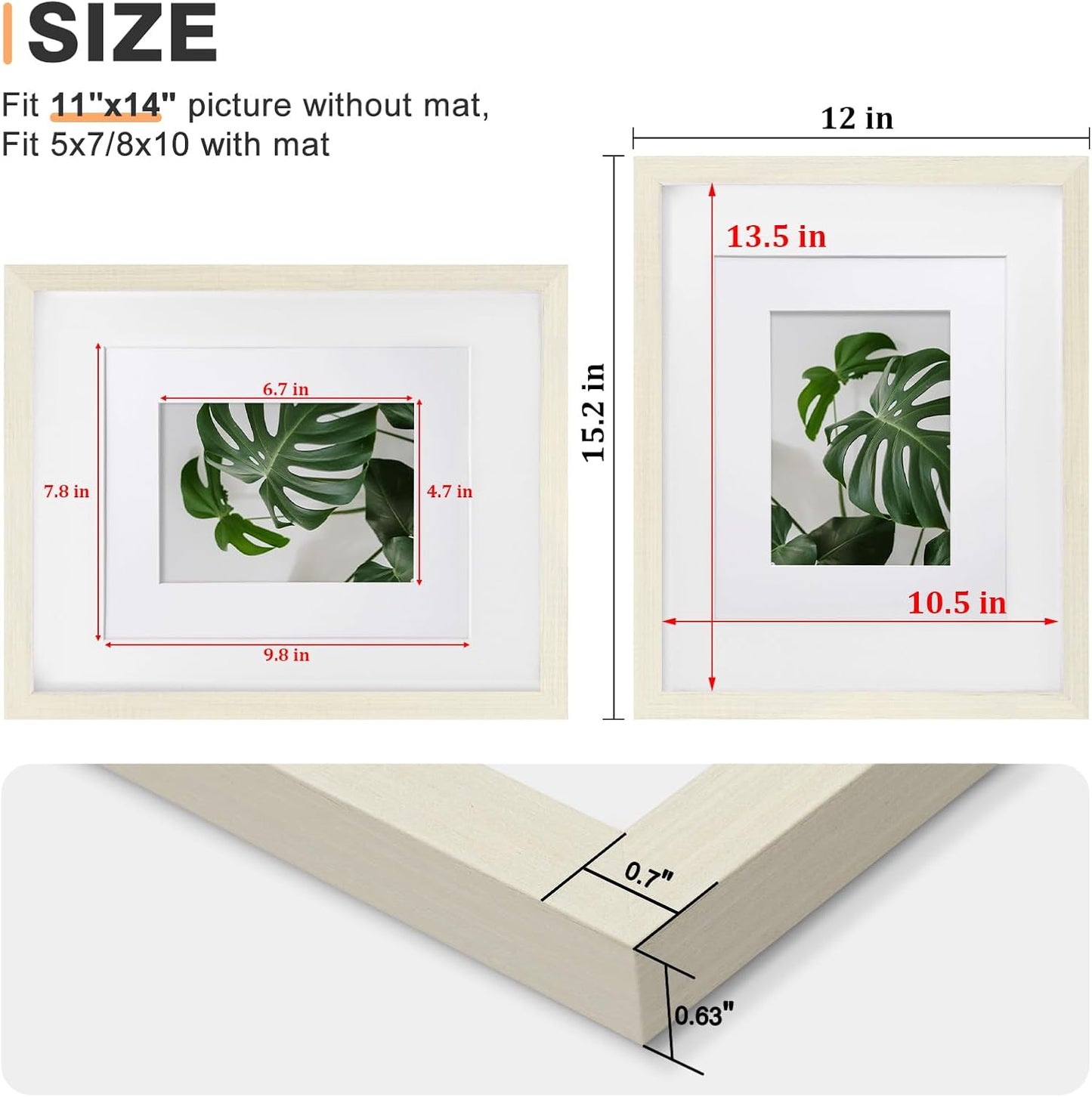 Egofine 11x14 Picture Frames Set of 4, Made of Solid Wood Covered by Plexiglass 5x7 and 8x10 with Mat or 11x14 without Mat, for Table Top Display and Wall Mounting Photo Frame Beige