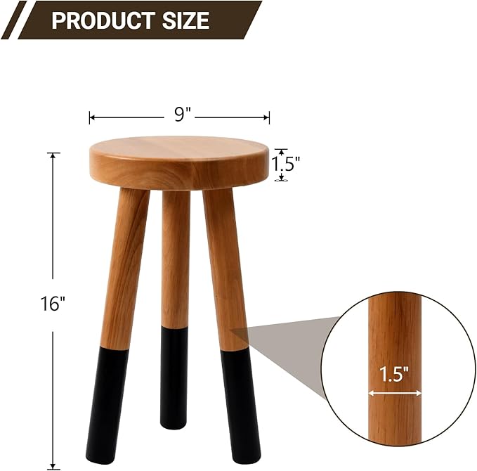 Rubber Wood 9" Round Plant Stand |Dip Dyed Black Accent Stool |Milking Stool |Small Side Table(16" H)