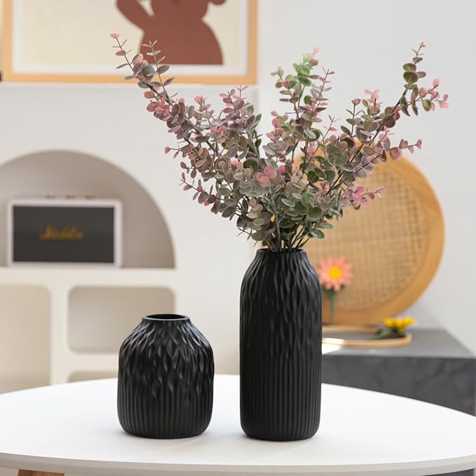 Black Ceramic Flower Vase Set of 2, Porcelain Cylindrical Dried Flowers Holder, Decorating for Drawing Room/Table/Study/Office Entryway, Modern Simple Boho Style (Black)