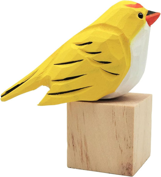 DIYOMR Bird Figurine, Hand Carved Birds Wood Décor, Art Animal Wooden Sculpted Bird with Wood Block, Vivid Bird Statue for Gift Home Table Ornament Decor (Yellow Bird)