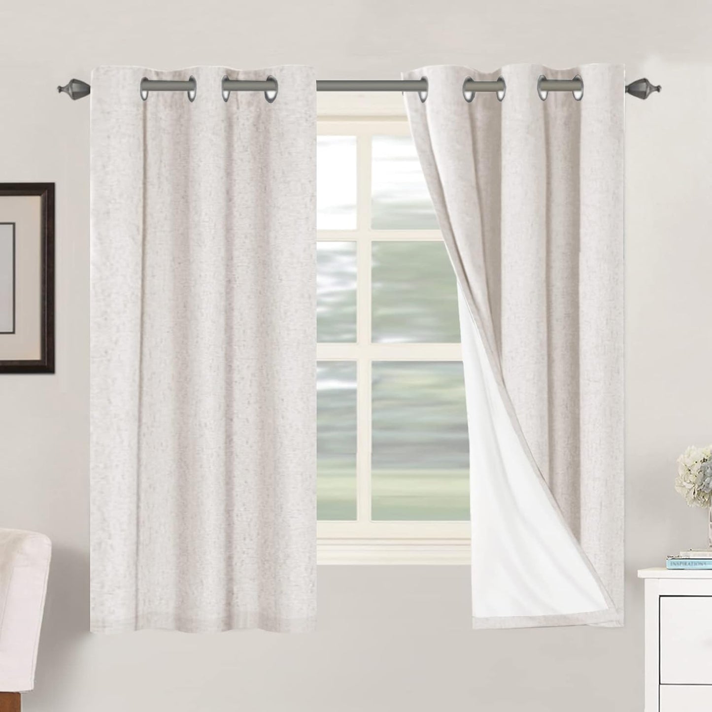 H.VERSAILTEX Primitive Linen Curtains 100% Blackout Curtain Drapes Burlap Fabric Curtains with White Thermal Insulated Liner, Grommet Top Drapes Living Room/Bedroom (2 Panels, 42 x 63 Inch, Ivory)