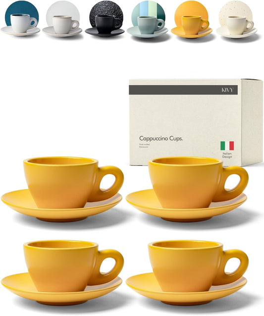 KIVY Cappuccino Cups Set of 4 [Set 4x 8oz] - Thick-Walled Stoneware Cappuccino Cup Set for Latte Art - Latte Art Mugs - Italian Capuccino Cups - Capuccino Ceramic Latte Cup and Saucer - Yellow