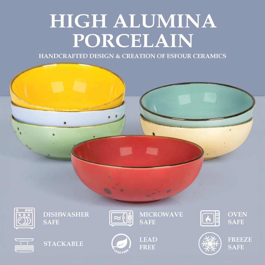 Esfour Round Porcelain Bowls - 20 Ounce - Set of 6 - Microwave, Oven, Dishwasher-Safe, Scratch Resistant, Porcelain Durable Small Dishes Bowls for Cereal, Salad, Pasta, Soup Dessert - Assorted Vivid