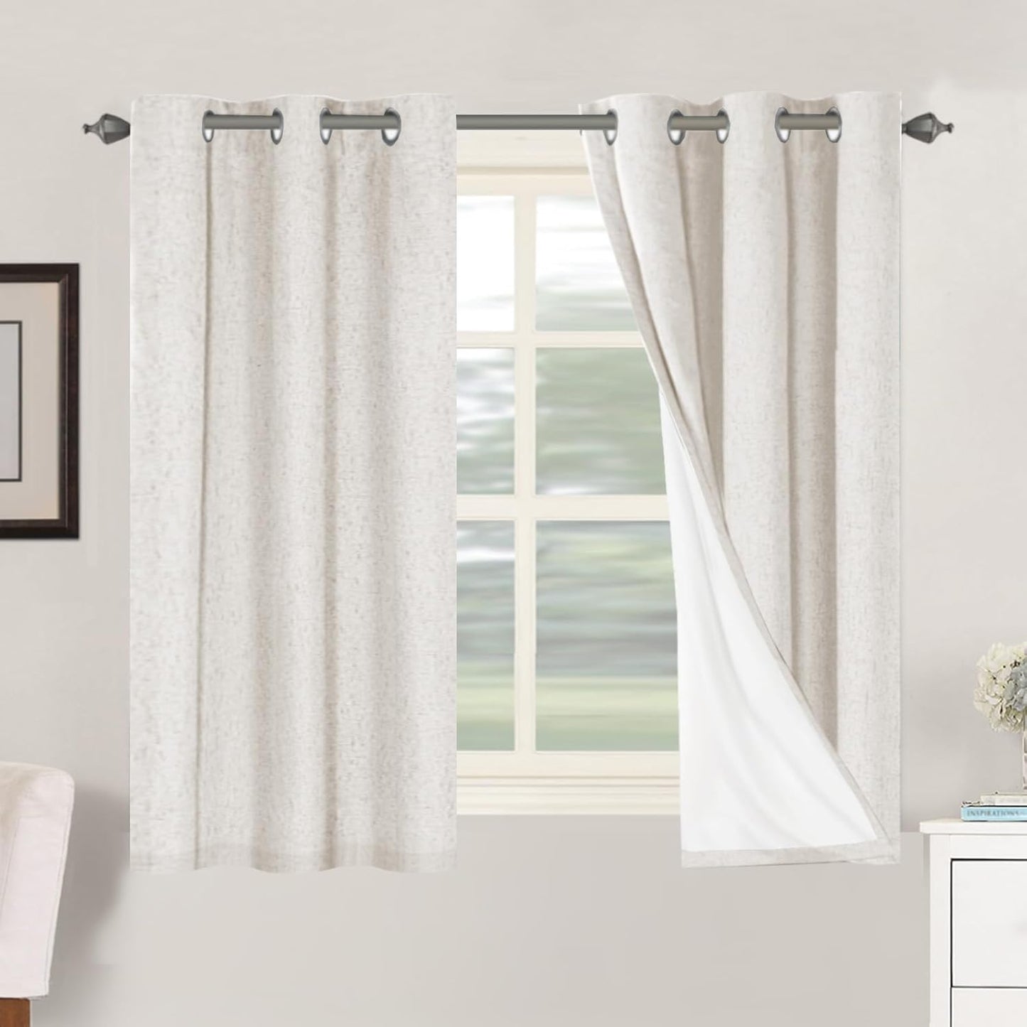 H.VERSAILTEX Primitive Linen Curtains 100% Blackout Curtain Drapes Burlap Fabric Curtains with White Thermal Insulated Liner, Grommet Top Drapes Living Room/Bedroom (2 Panels, 42 x 54 Inch, Ivory)