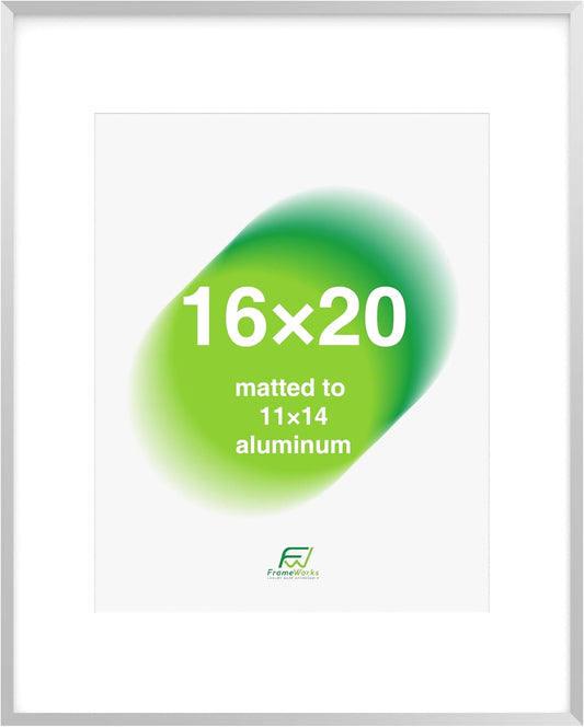 FrameWorks 16x20 Matted to 11x14 Picture Frame – Aluminum Frame w/Tempered Glass, Removable Mat for Photos, Poster, Art, Stylish Wall Frame for Home Decor, Gallery Walls, Office, Living Room - Silver