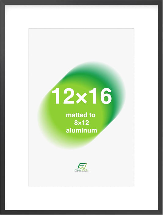 FrameWorks 12x16 Matted to 8x12 Picture Frame – Aluminum Frame w/Tempered Glass, Removable Mat for Photos, Posters, Art, Stylish Wall Frame for Home Decor, Gallery Walls, Office, Living Room - Black