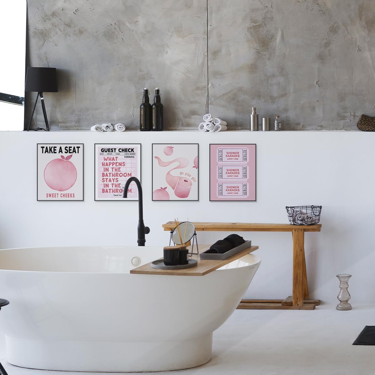 ETVISO Funny Pink Girls Peach Bathroom Decor Wall Art Posters Set of 4, Funny Pink Cute Shower Karaoke Ticket Guest Check Wall Decor for Girls Bathroom Washroom Restroom Toilet, 8x10 Inch (Unframed)