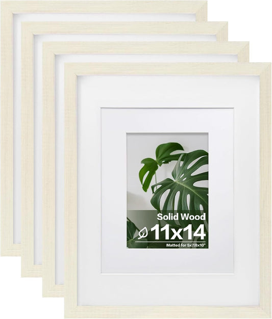 Egofine 11x14 Picture Frames Set of 4, Made of Solid Wood Covered by Plexiglass 5x7 and 8x10 with Mat or 11x14 without Mat, for Table Top Display and Wall Mounting Photo Frame Beige