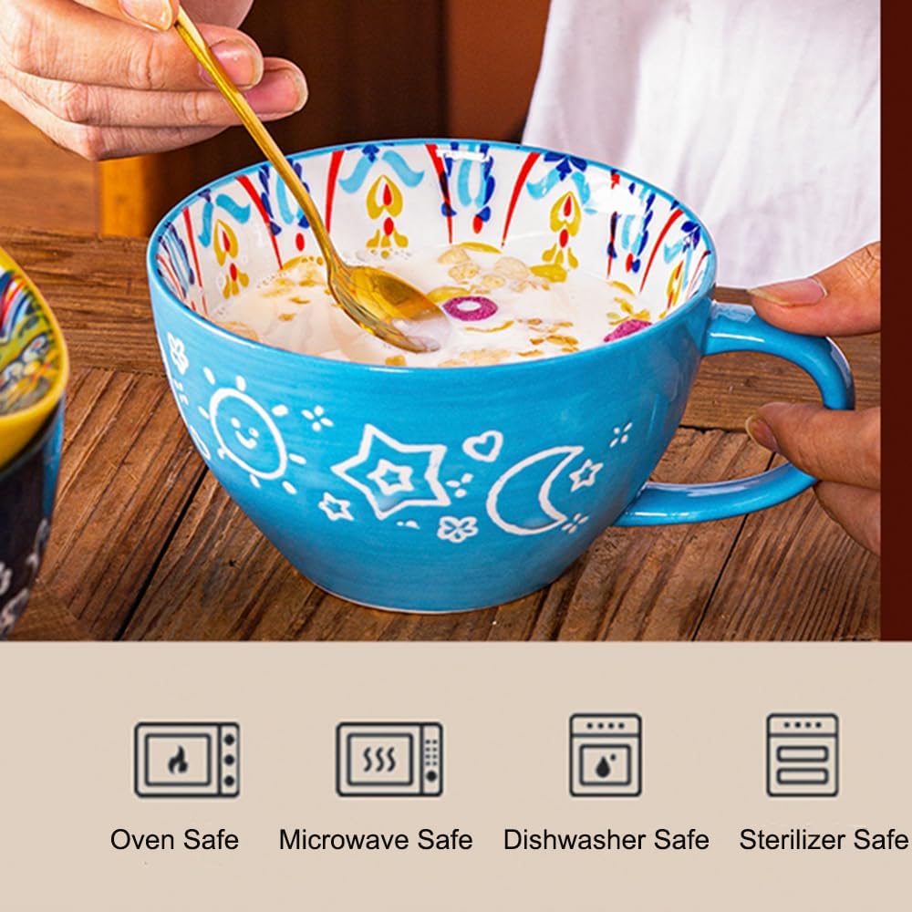 Bohemian Hand-Painted Ceramic Mug, 15 Oz Large Coffee Cup for Milk, Tea, and Breakfast, Dishwasher & Microwave Safe Artisan Cup, Green-M