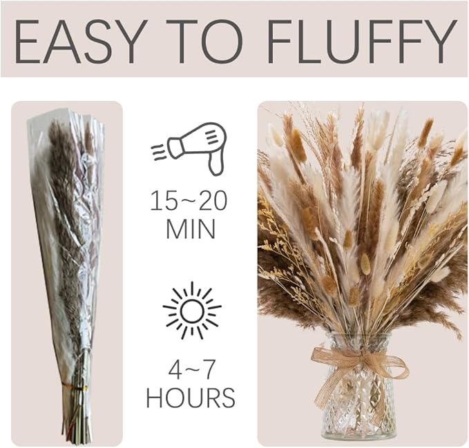 106pcs Natural Dried Pampas Grass Decor with Vase Artificial Flowers in Vase Boho Home Decor Bouquet Bunny Tails Dried Flowers, Reed Grass Bouquet for Wedding Floral Arrangements (106pcs)