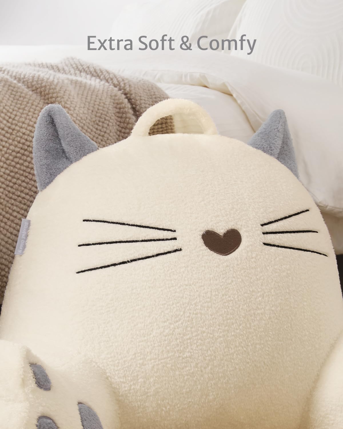 Blissful Diary Kitty Reading Pillow for Kids/Teens/Adults, Back Pillow for Sitting Up in Bed with Shredded Memory Foam, Bed Rest Pillow with Arms, Back Support Pillow with Washable Cover (Off White)