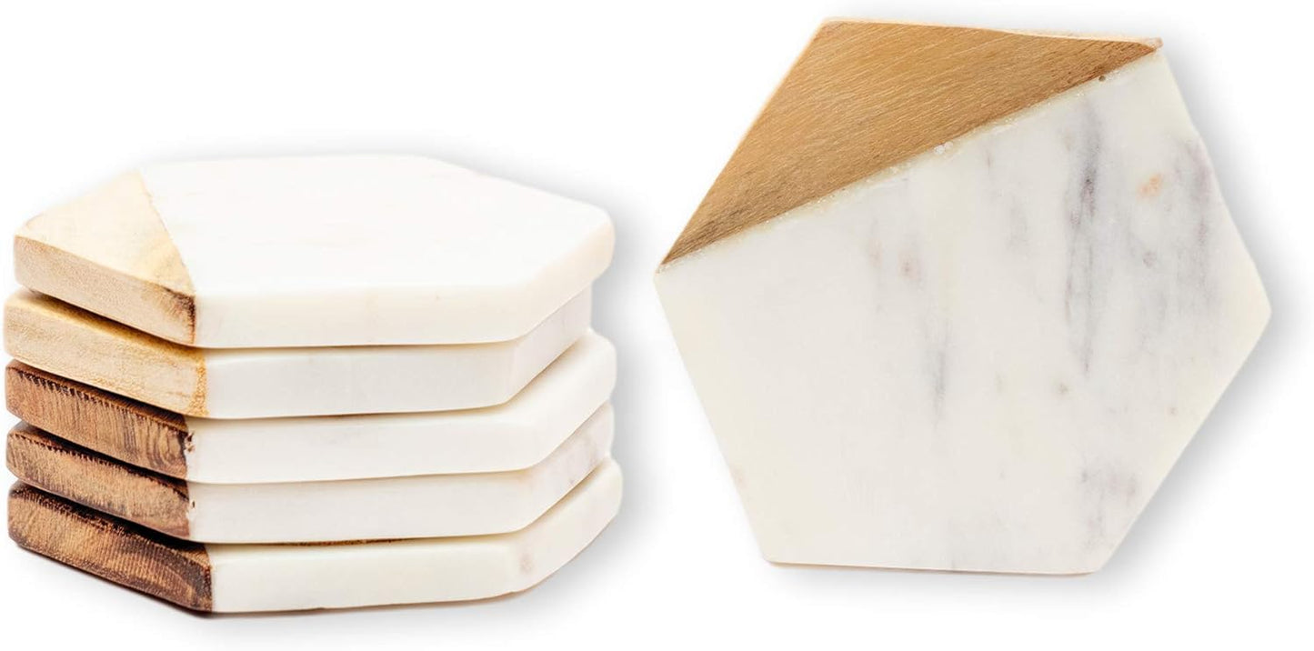 GoCraft Marble & Wood Coasters | Handcrafted Geometric White Marble Coasters with Mango Wood for Drinks, Beverages & Wine/Bar Glasses (Set of 6)