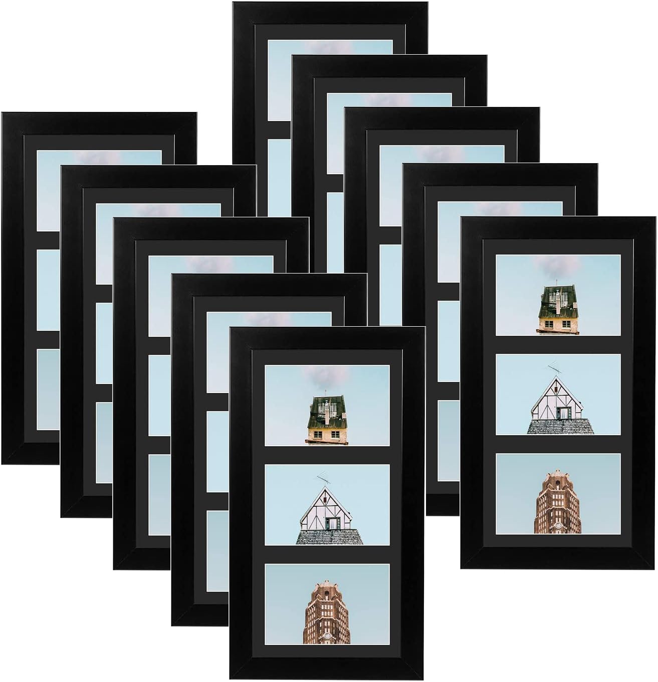 Golden State Art, Set of 10, 7x14 Black Photo Wood Collage Frame with Black Mat Displays (3) 4"x6" Pictures
