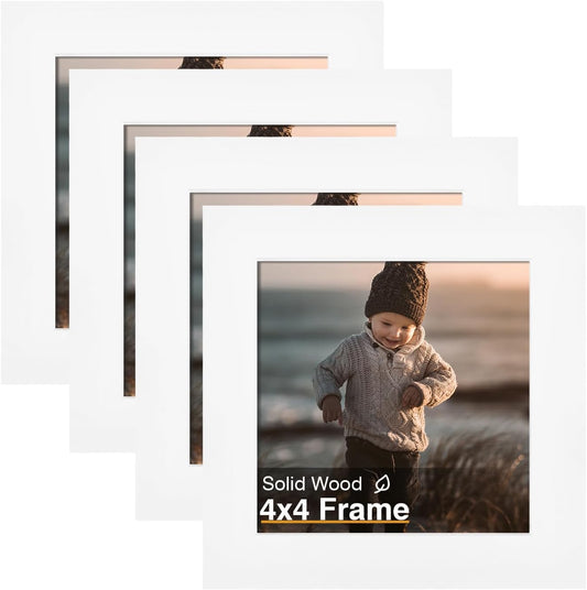 KINLINK 4x4 Picture Frame, White Square Solid Wood Frames for Pictures 4x4 without Mat, Wall and Tabletop Display Photo Frames White 4 Pack