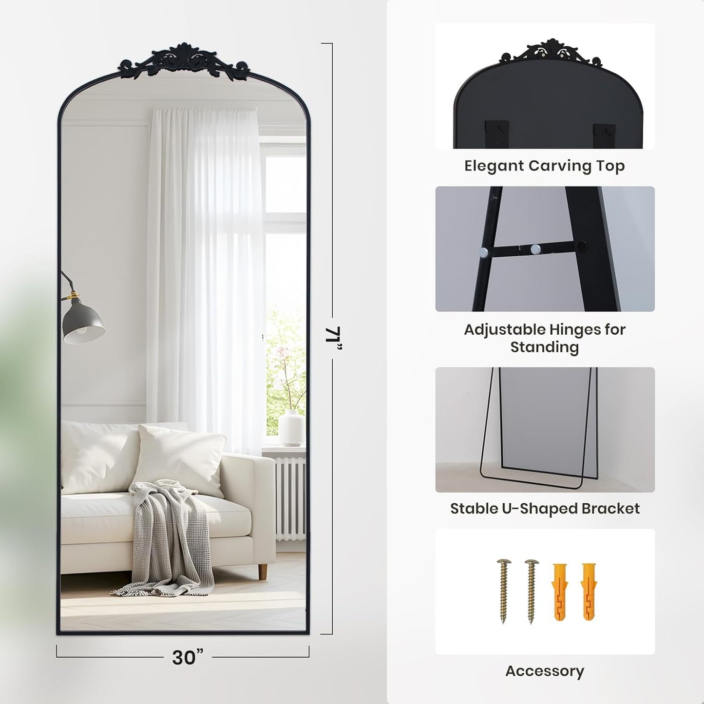 Filigree Floor Mirror 71"x30" Full Length Freestanding with Vintage Ornate Carved Applique Full Body Mirror Hanging Wall Mounted for Living Room Bedroom Retro Home Decor Mirror, Black