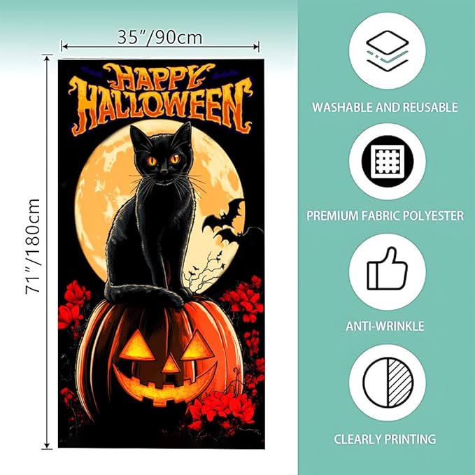 Halloween Door Banner Moonlit Night Black Cat Double Bat Spooky Decoration 71x35 Inches