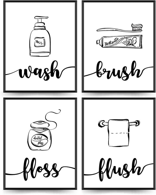 ETVISO Bathroom Wall Decor Set of 4, Minimalist Modern Restroom Wall Decor, Black And White Bathroom Decor, Wash Brush Floss Flush Wall Decor, 8x10 (Unframed)