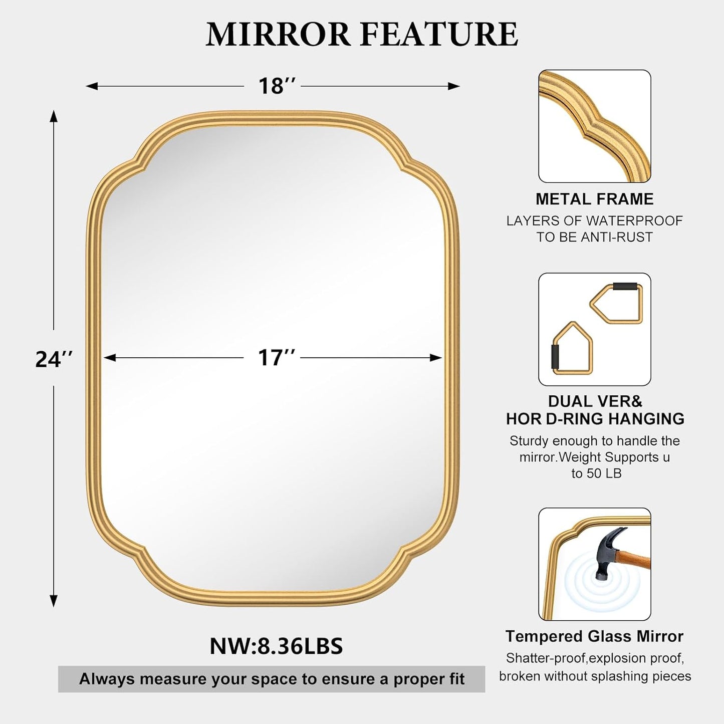 Gold Mirrors for Bathroom, 18" x 24" Rectangular Wall Mirror for Bathroom Metal Frame Farmhouse Rounded Corner Wall Mirror (Horizontal/Vertical)