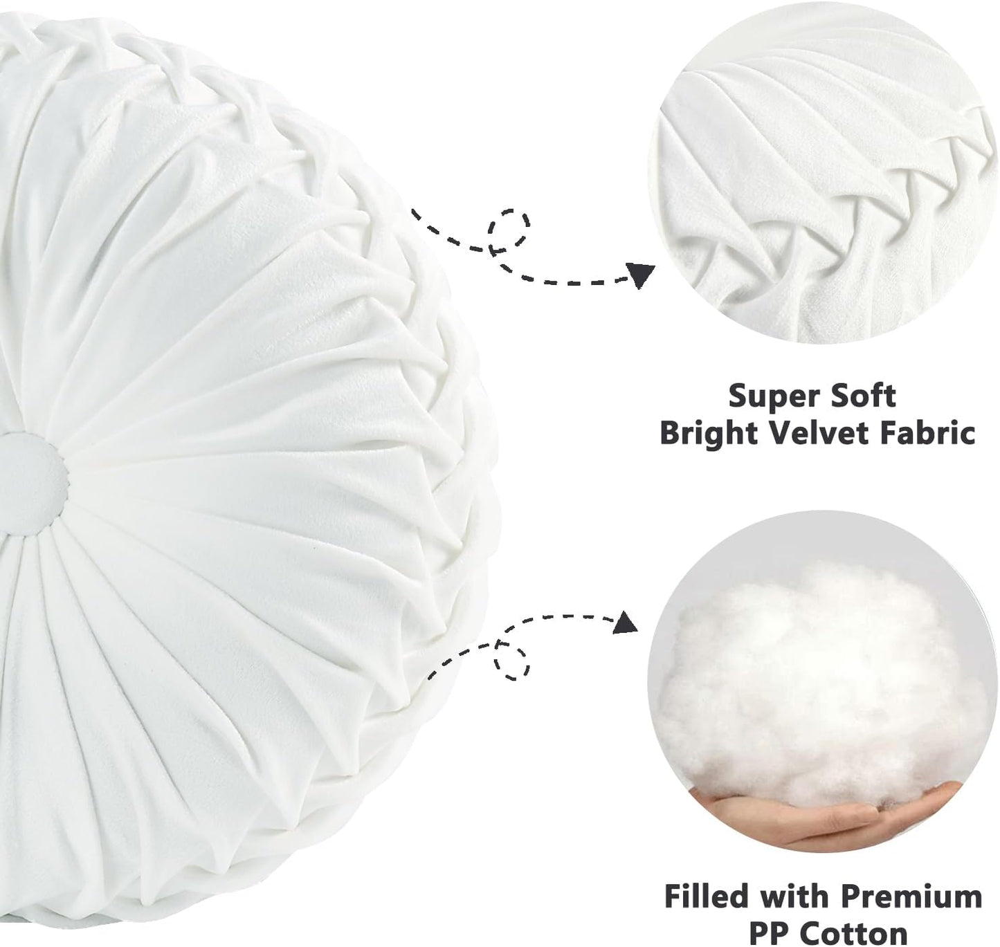 HIG Set of 2 Decorative Round Pleated Throw Pillows, Classy Accent Pumpkin Throw Pillows with Center Button, Vintage Velvet Floor Pillows for Sofa Vanity Chair Bed, White, 14.5" Diameter(Ripple)
