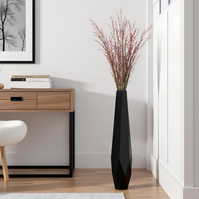 Tall Vases - 27.5" Tall Floor Vase for Home Decor, Resin Floor Vase with Handmade Dimensional Geometric Style, Fits Into Hay/Pampas Grass, Boho Living Room Decor (Black)