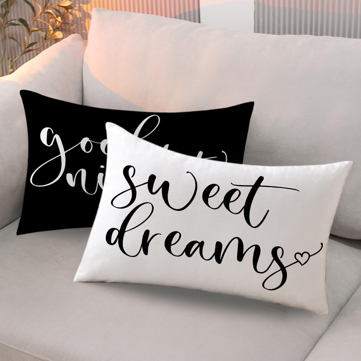 Bedding Decorative Lumbar Pillowcases Sweet Dreams Good Night Cushion Covers Sleep Themed Decorative Throw Pillow Covers 12''x20'',2Pack Super Soft for Bedroom Guest Room Housewarming Gifts (Black)