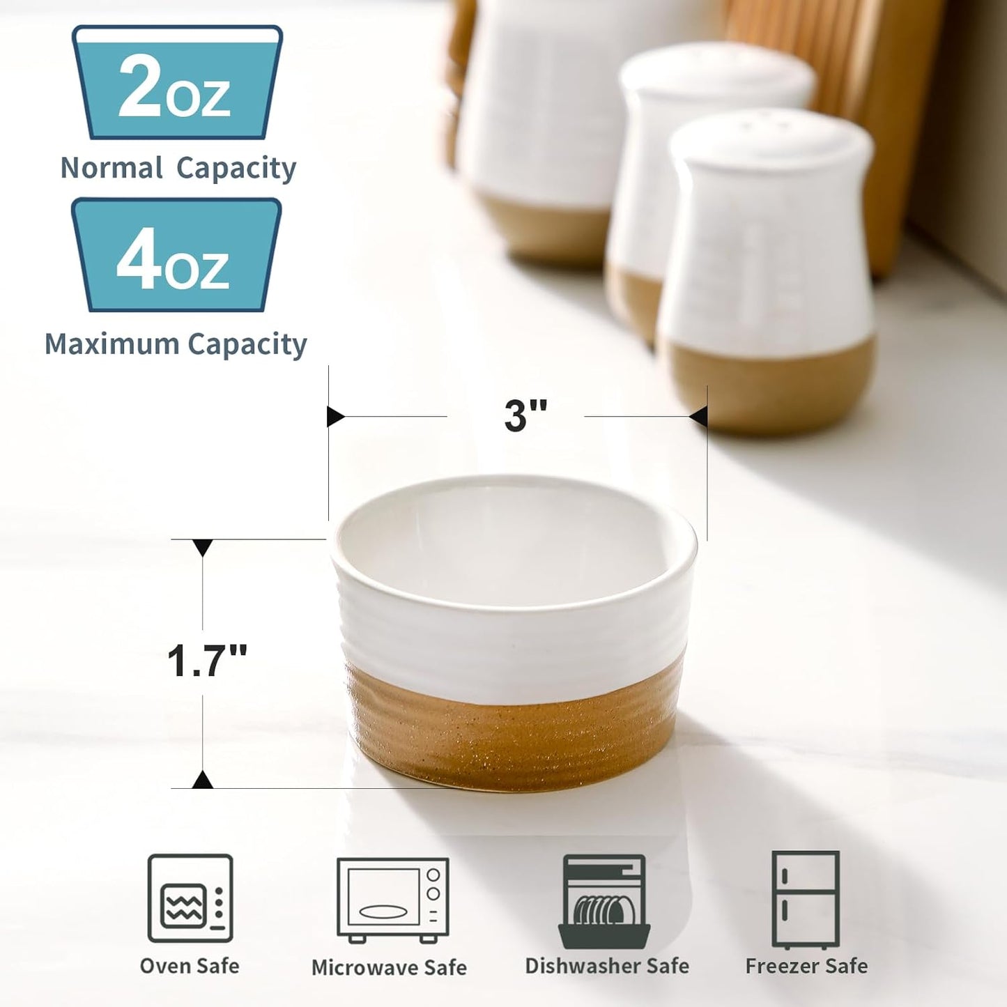 Hasense Ceramic Ramekins - 4 oz, Creme Brulee & Mini Souffle Dishes Set of 6, Oven Safe, White