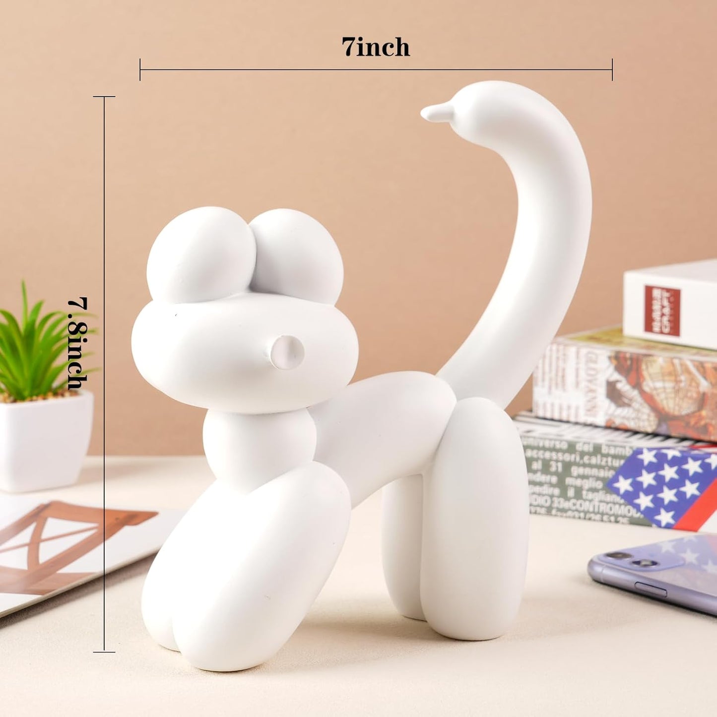 Cute Balloon Cat Statue Decor - 7.8 Inch Modern Cat Statue Ornament, Home Crafts Living Room Desktop Bedroom Sculpture Decoration (White)