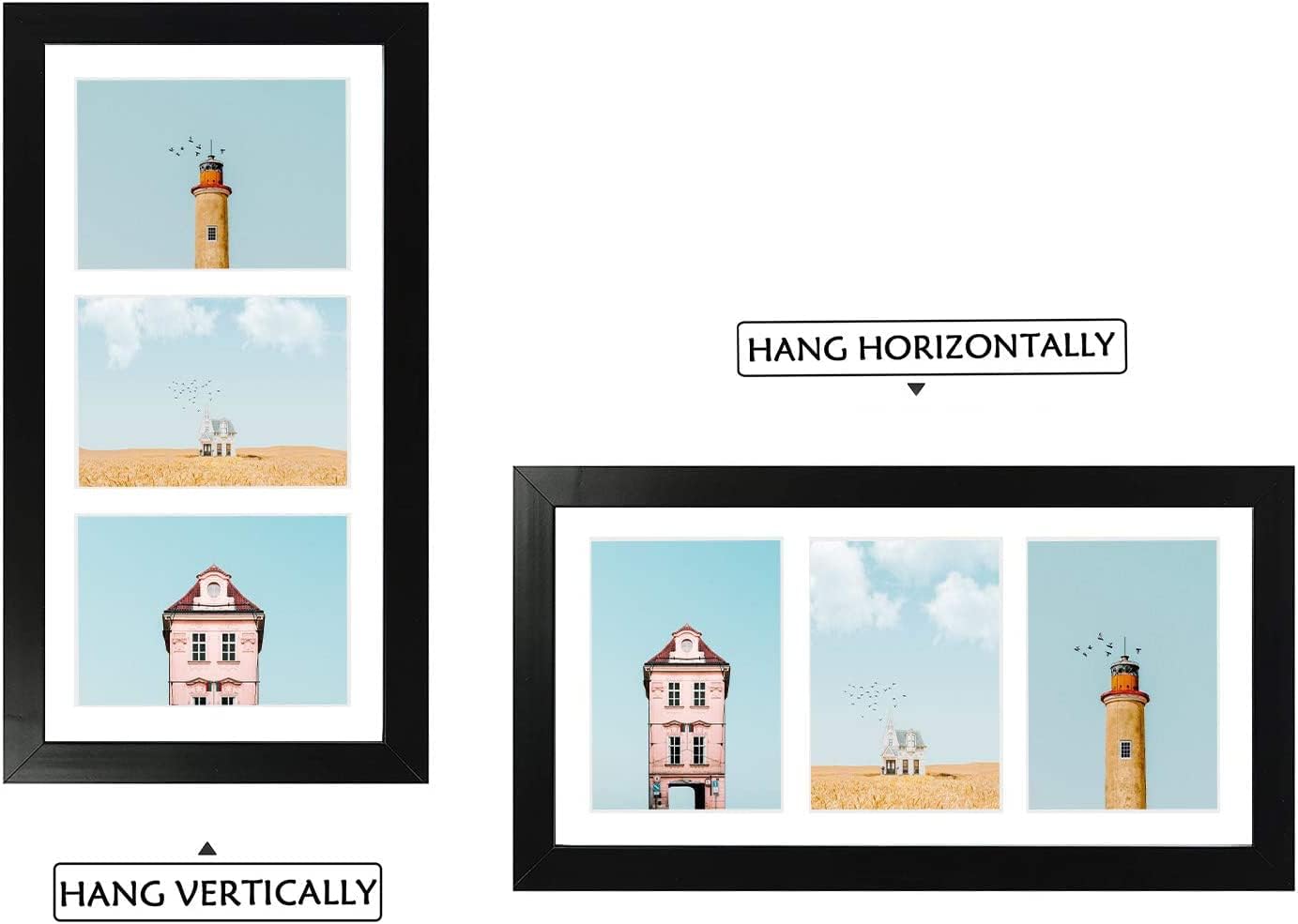 Golden State Art, Set of 2, 7x14 Black Photo Wood Collage Frame with Mat Displays (3) 4"x6" Pictures