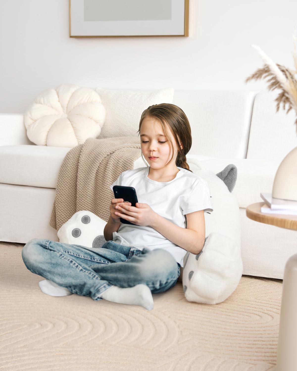 Blissful Diary Kitty Reading Pillow for Kids/Teens/Adults, Back Rest Pillow for Sitting Up in Bed with Shredded Memory Foam, Includes Arms and Washable Cover, Pure White