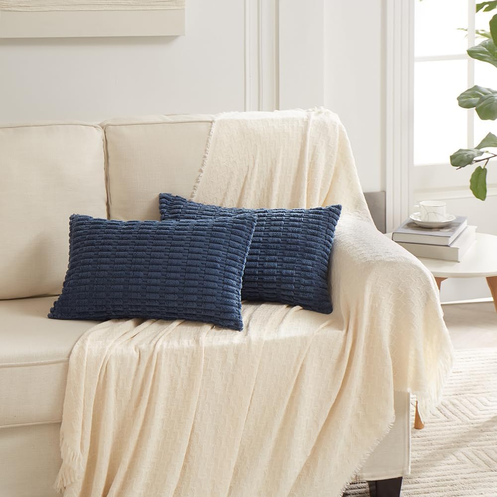 Fancy Homi 4 Packs Dusty Blue Decorative Throw Pillow Covers 16x24 Inch for Living Room Couch Bed Sofa, Rustic Farmhouse Boho Home Decor, Soft Plush Striped Corduroy Square Cushion Case 40x60 cm
