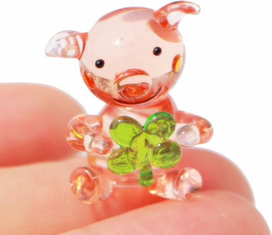 Miniature Hand Blown Glass Pig Figurine Crystal Animal Decor, Home Statues Collectible Figurines 3D Animal Ornament for Women & Men Lucky Clover
