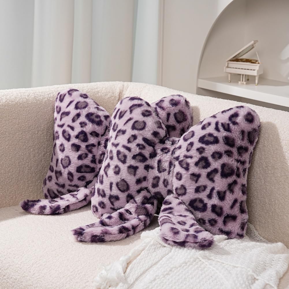 Leopard Print Throw Pillow Furry Bow Plush Pillows Cute Flower Plush Pillow Cheetah Home Decor Stuffed Bow Lumbar Pillow for Bed Couch Living Room Decor (Purple, 16in)