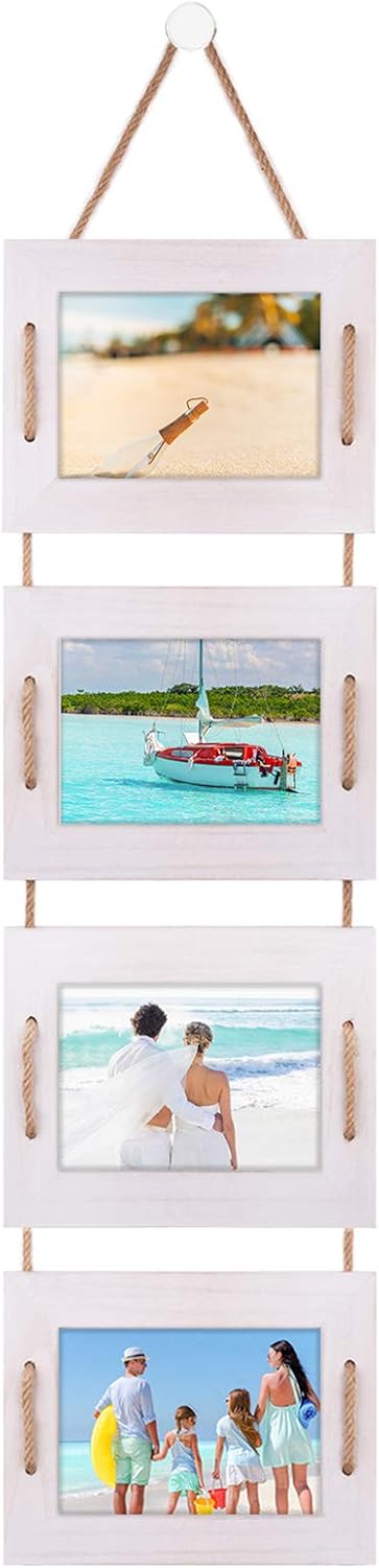 DLQuarts 5x7 Hanging Picture Frames Collage Wall Decor, 4-Opening 5x7 Matted to 3.5x5 Photo Rustic Wood Frame with Hemp Rope, 1 Pack, Vintage White