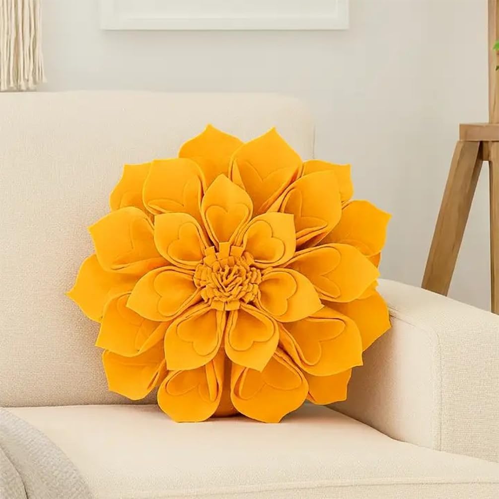 Fennco Styles Handmade 3D Heart-Shaped Petals Flower Decorative Throw Pillow Cover Only - 13" Round Gold Floral Pillow Case for Couch, Home Décor and Holiday, Housewarming Gift