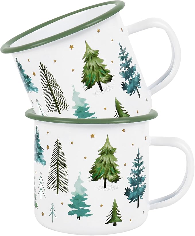 Whaline 2Pcs Christmas Mini Coffee Mugs 12oz Enamel Cup with Handle Watercolor Xmas Tree Forest Drinking Mug for Winter Holiday Birthday Party Favor Supplies