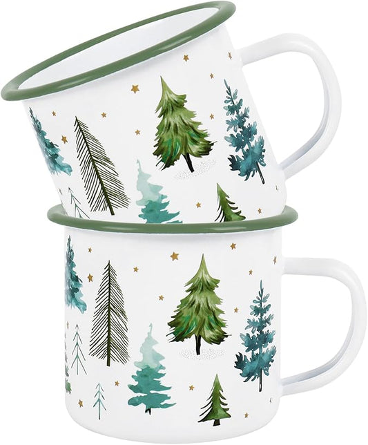 Whaline 2Pcs Christmas Mini Coffee Mugs 12oz Enamel Cup with Handle Watercolor Xmas Tree Forest Drinking Mug for Winter Holiday Birthday Party Favor Supplies