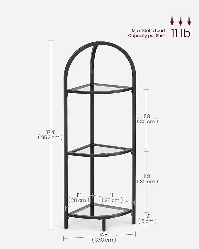 VASAGLE 3-Tier Corner Shelf Stand, Corner Bookshelf, Bathroom Organizer, Plant Stand, Tempered Glass, Steel Frame, Modern Style, for Living Room, Bathroom, Kitchen, Classic Black ULGT811B61