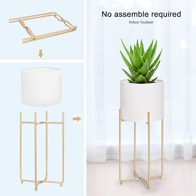 Floor Standing White Planters with Gold Stands for Indoor Plants, Large Metal Plant Pots Set of 3, Tall Planters for Mid Century Modern Living Room, Corner, Patio (Diameter 9/8/7 inches)