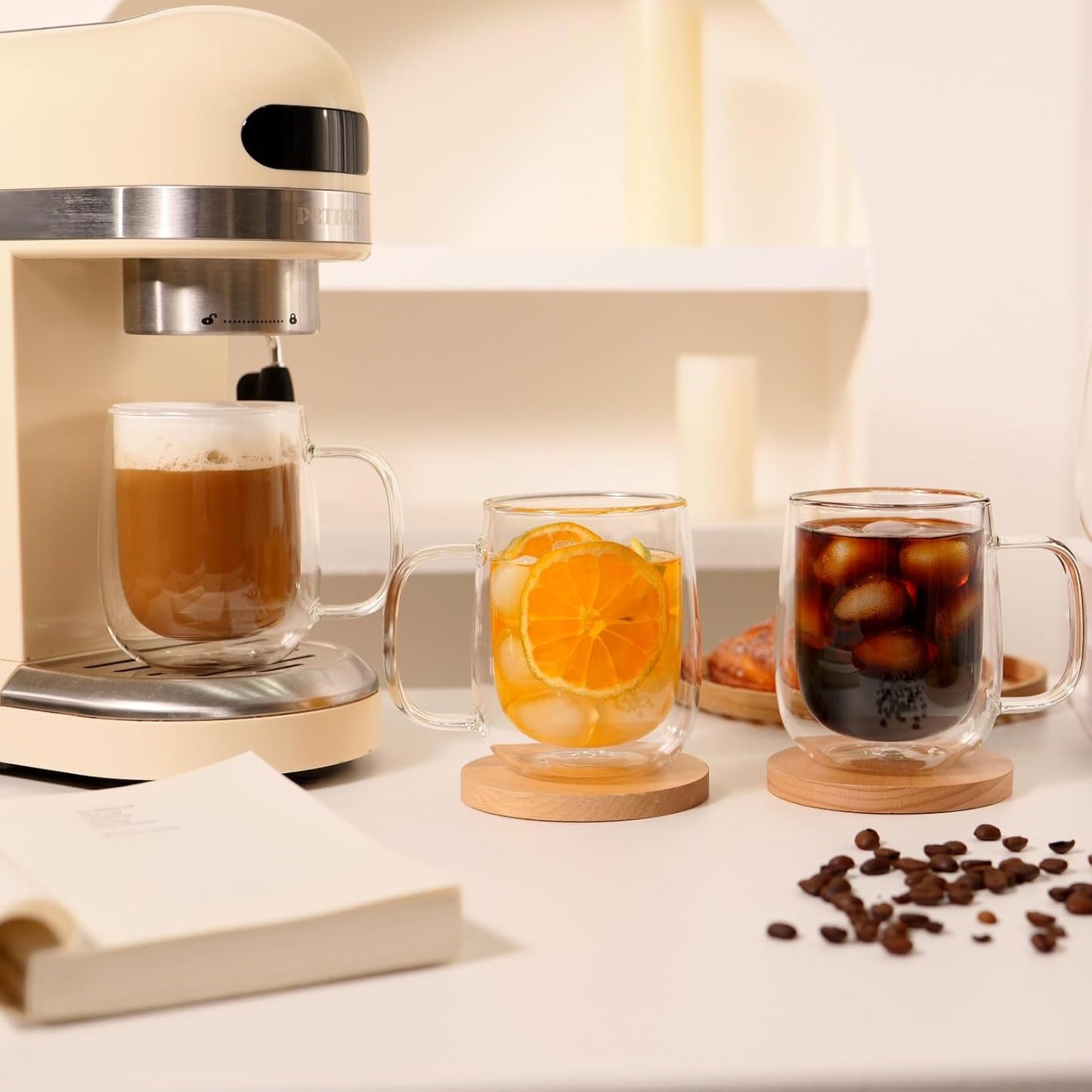 CNGLASS Glass Coffee Mugs 12oz,Double Wall Insulated Mug Set with Handle,Clear Glass Espresso Mugs for Latte,Cappuccino,Tea Bag,Hot and Cold Beverages,Set of 4