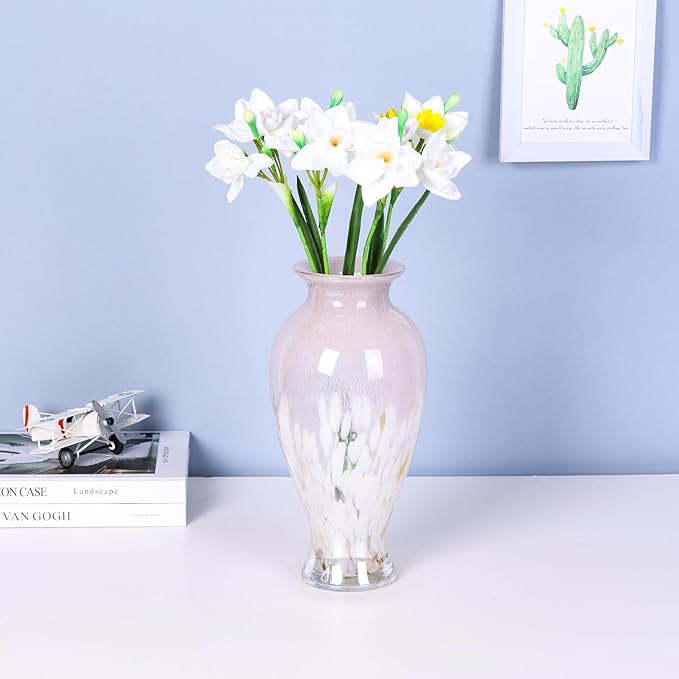 11.8" Tall Pink White Blown Glass Vase, Colorful Opaque Glass Vase, Unique Design Wide Mouth Art Decoration for Home, Living Room, Dining Table, Pampas Grass Decor (Pink White)