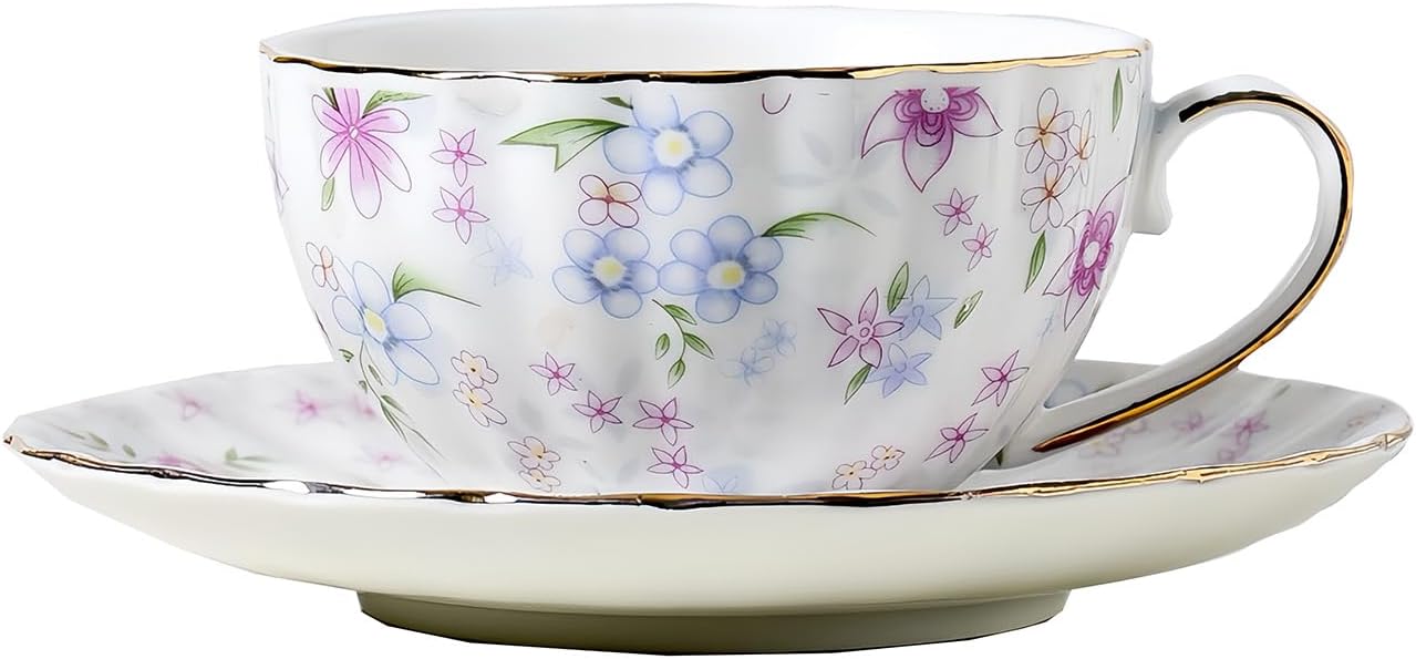 fanquare Country Style Floral Tea Cup and Saucer Set, 6 Ounces Cappuccino Coffee Cup with Gold Trim, Porcelain Teacups for Women and Tea Parties