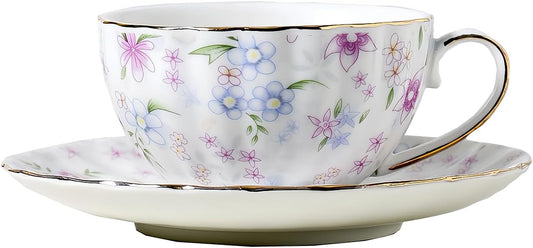 fanquare Country Style Floral Tea Cup and Saucer Set, 6 Ounces Cappuccino Coffee Cup with Gold Trim, Porcelain Teacups for Women and Tea Parties