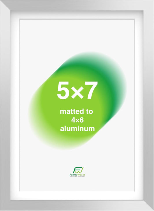 FrameWorks 5x7 Matted to 4x6 Picture Frame – Aluminum Frame w/Tempered Glass, Removable Mat for Photos, Posters, Art, Stylish Wall Frame for Home Decor, Gallery Walls, Office, Living Room - Silver