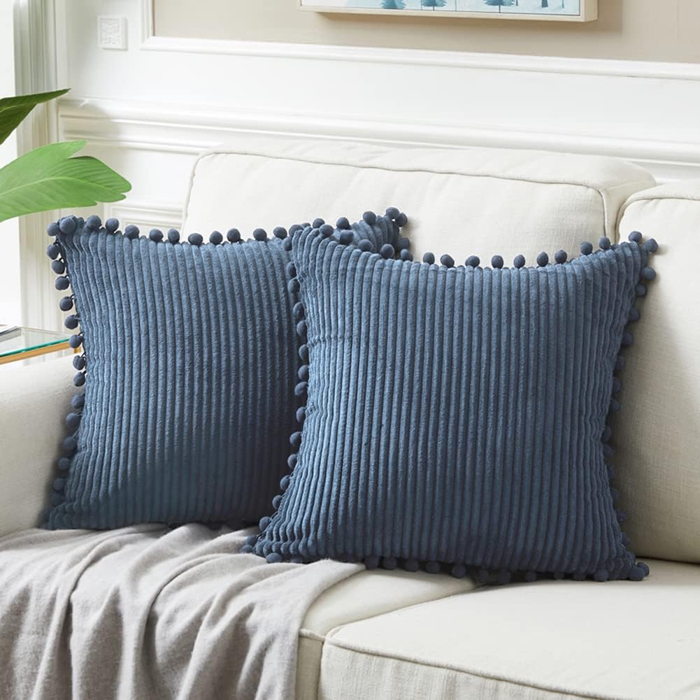 Fancy Homi Pack of 2 Dusty Blue Decorative Throw Pillow Covers 20x20 Inch with Pom-poms for Living Room Couch Bedroom, Soft Corduroy Solid Square Cushion Case 50x50 cm, Rustic Farmhouse Home Decor